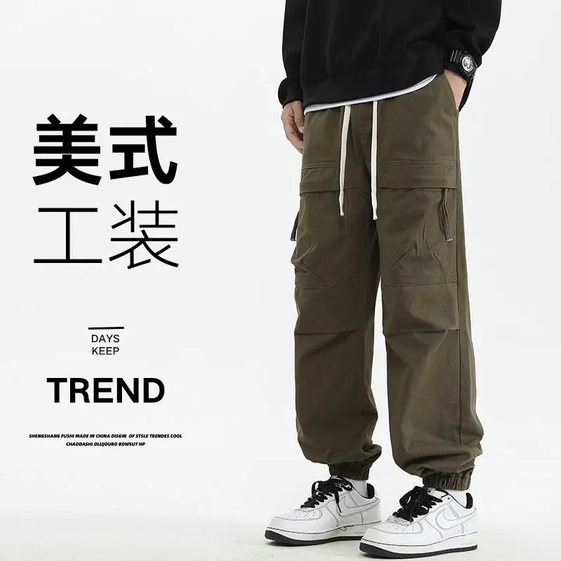 جديد وصول الأمريكية عارضة متعددة جيب فضفاض مستقيم الساق السراويل الطويلة للرجال الخريف الشباب العصرية العلامة التجارية الرباط عمال الجينز