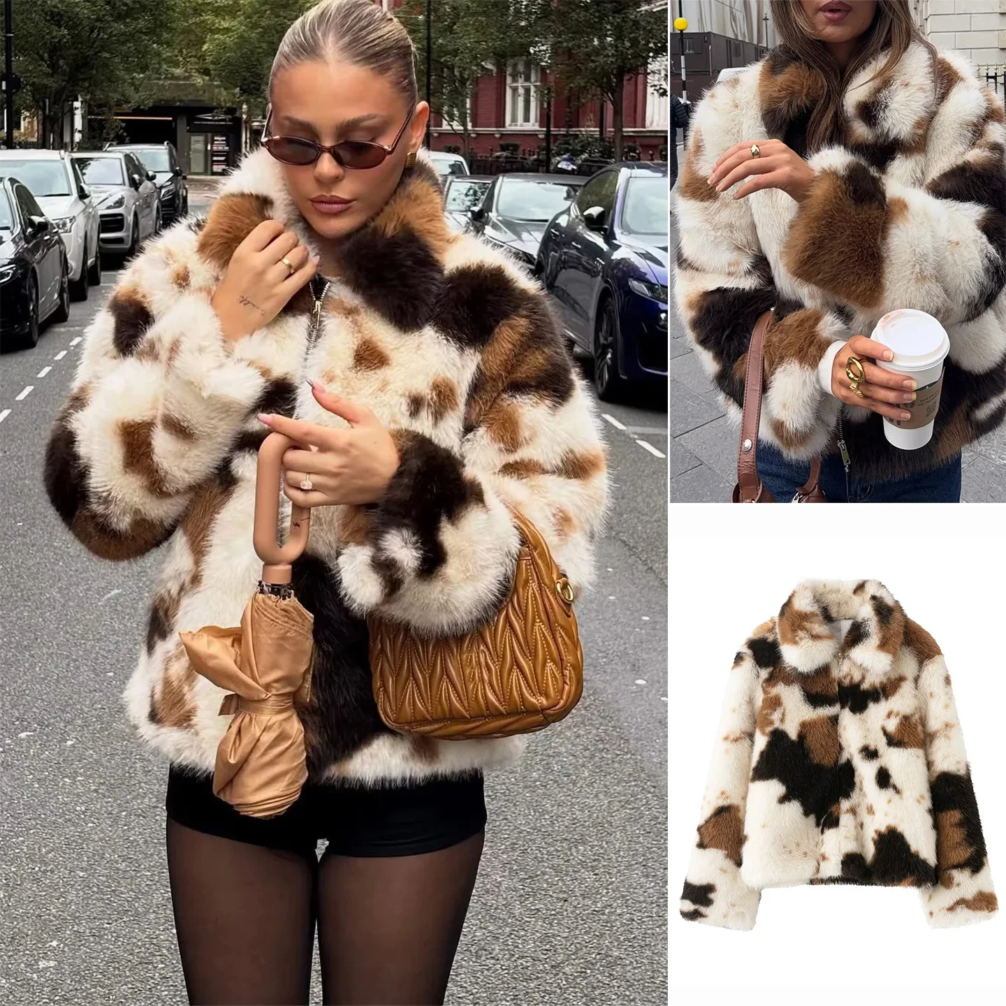 

Весенняя новинка: женская куртка с воротником на молнии, длинными рукавами, эффектом искусственного меха и принтом под животных, верхняя одежда из полиэфирного волокна