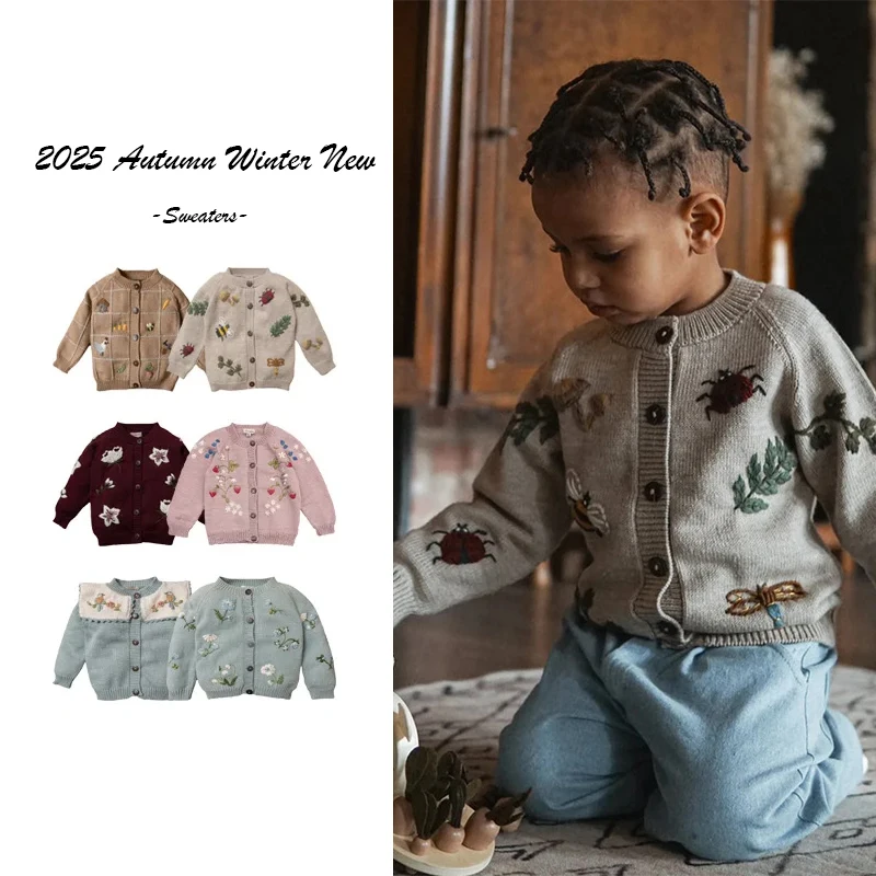 

2025 Autumn New Boys' Embroidered Cardigan Sweater Girls' Knitted Sweater Children's Knitted Jacket Comfortable Fashionable Set