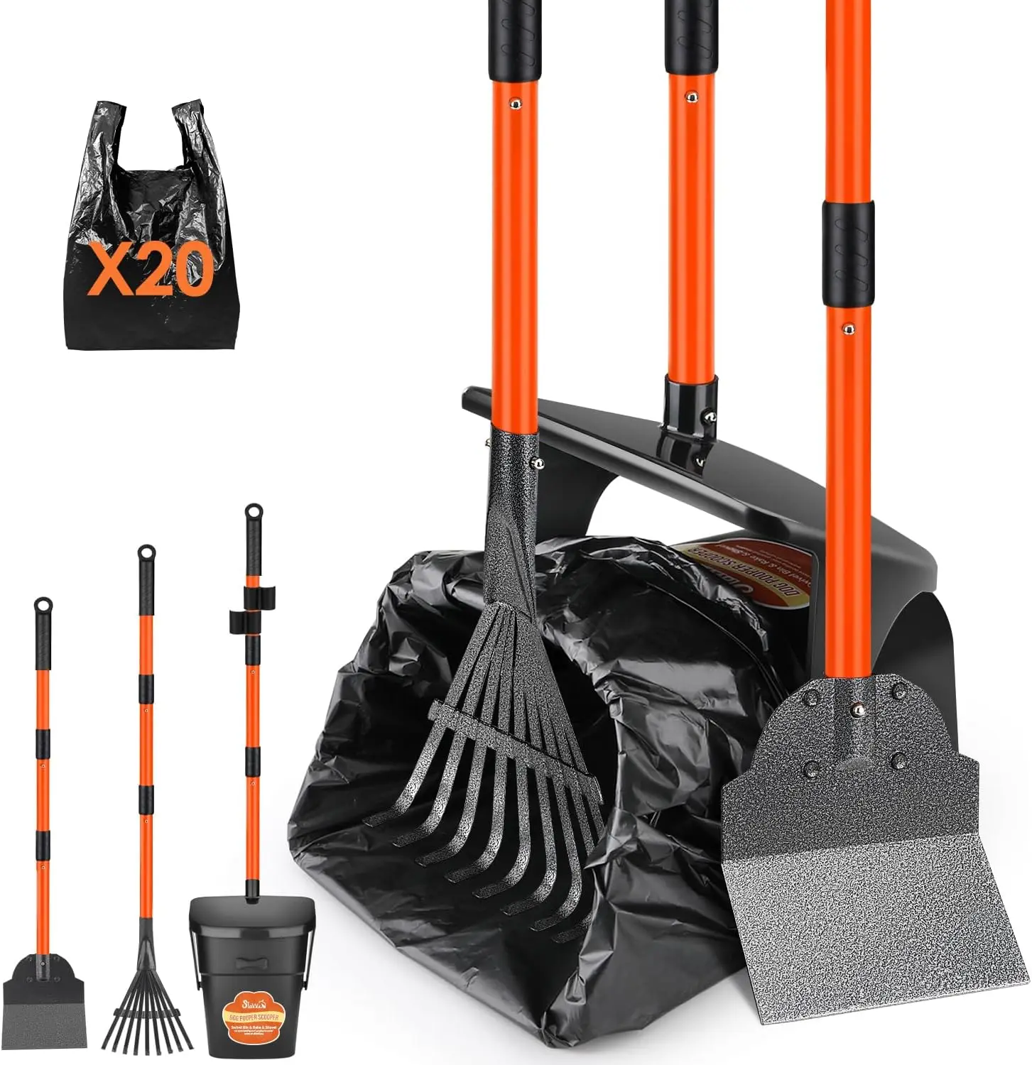 Kit Ajustable de Recogedor de Excrementos de Perro de Metal con Contenedor Giratorio, Rastrillo, Pala y 20 Bolsas para Desechos para una Limpieza Fácil en Césped y Grava