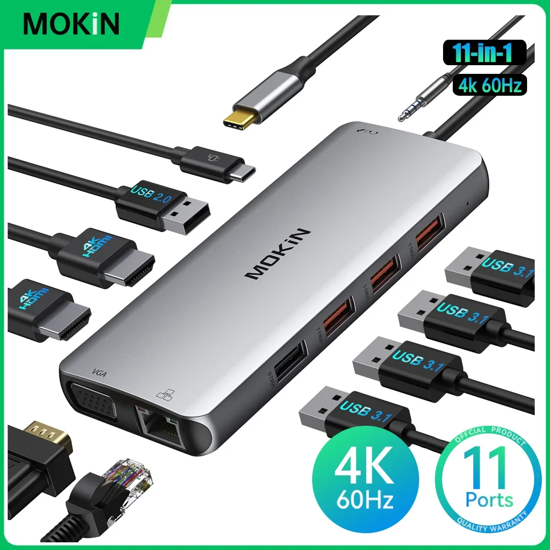 

MOKiN USB C Док-станция с двумя мониторами и двойным адаптером HDMI с 4K при 60 Гц, SD/TF, RJ45, VGA, USB, аудио, док-станцией PD 100 Вт для MacBook Pro