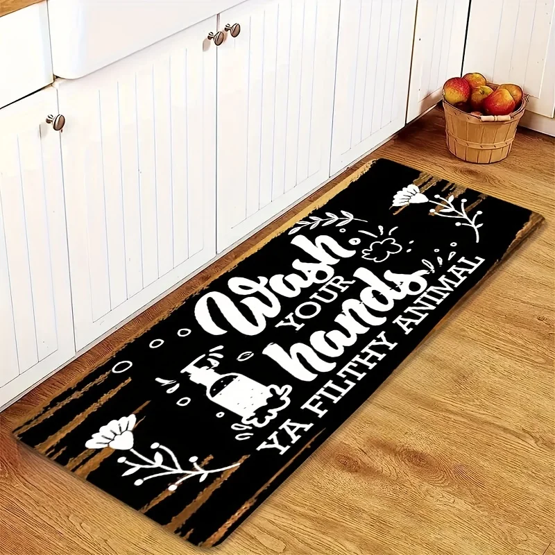 Black Gold Floral Runner Mat Anti Slip Water Absorbent Funny Hand Wash Slogan Decor Print Carpet for Kitchen Bedroom Bathroom