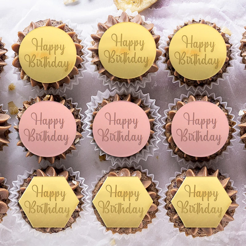 

10pcs Happy Birthday Cake Toppers Round Rectangle Golden Silver Mirror Face Decoration Birthday Party Baking Supplies Kids Favor