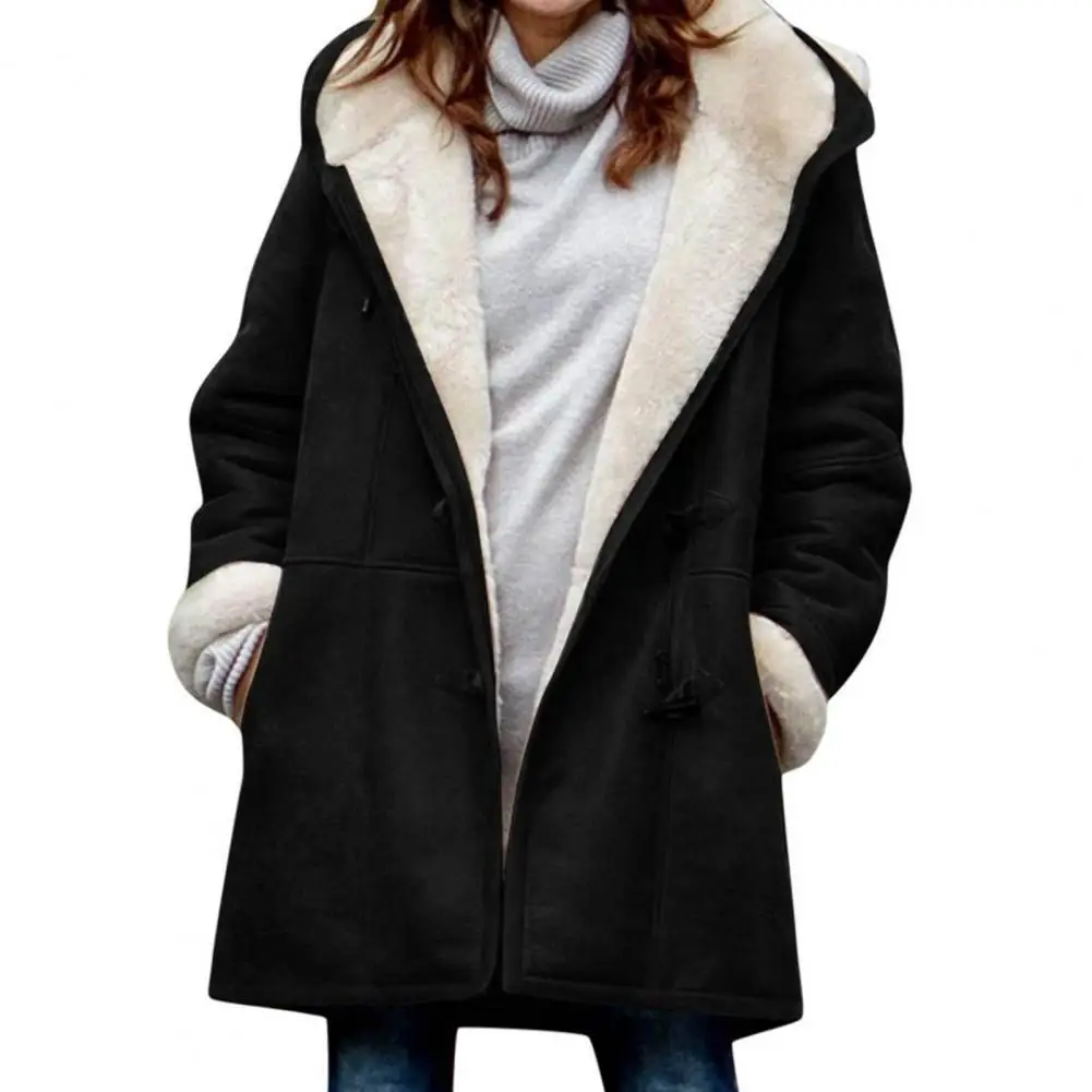 Women Fuzzy Jacket Fleece Lined Hooded Horn Buttons Medium Length Overcoat Winter Windproof Furry Outerwear Women Coat Chaquetas