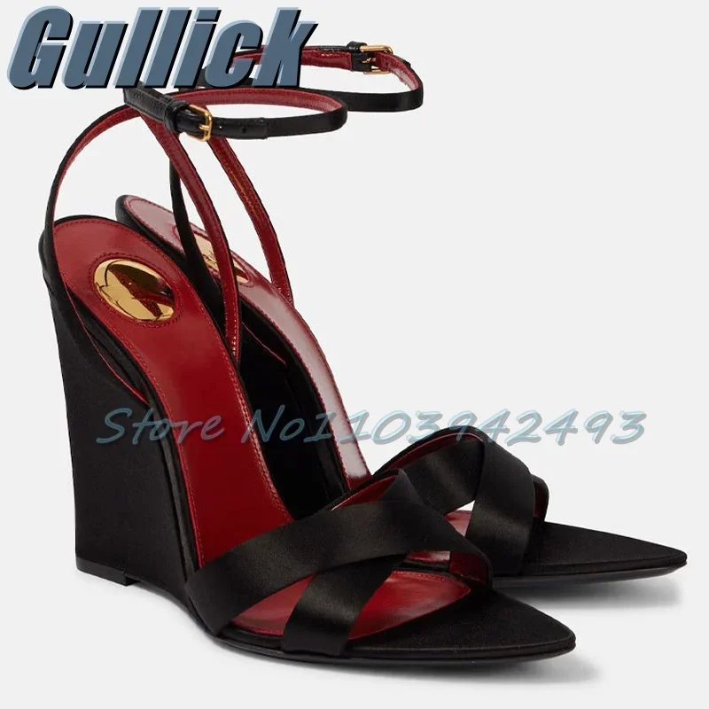 

Black Red Patchwork Heels Wedges Heeled Sandals Women New Luxury Shoes 2025 Summer Buckle Strap Satin Shallow Sandalias De Mujer
