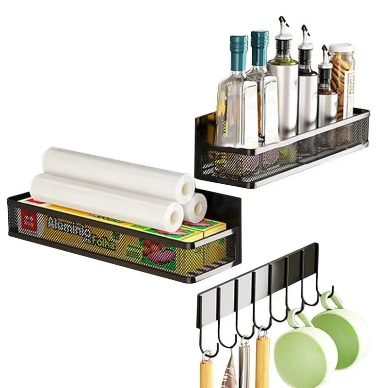 Magnetic Rack 3Pcs Spice Rack for Refrigerator No Drilling Wall Mount Spice Rack Kitchen Organizer Utensil Hanger Hook Shelf