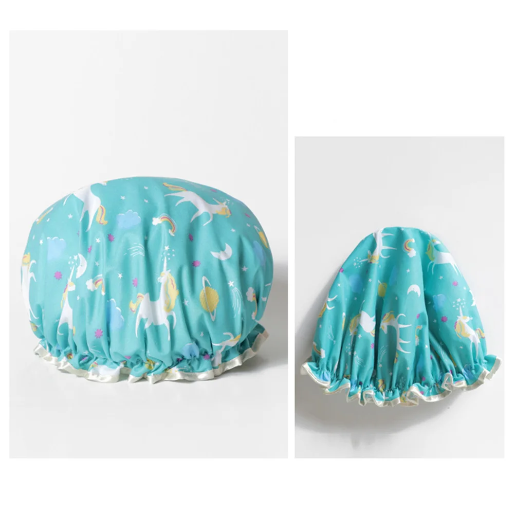 Cappello da bagno a forma di cartone animato Cappello da doccia a doppio strato Doccia impermeabile Cappello da cucina antiolio (unicorno blu) Cuffia da doccia