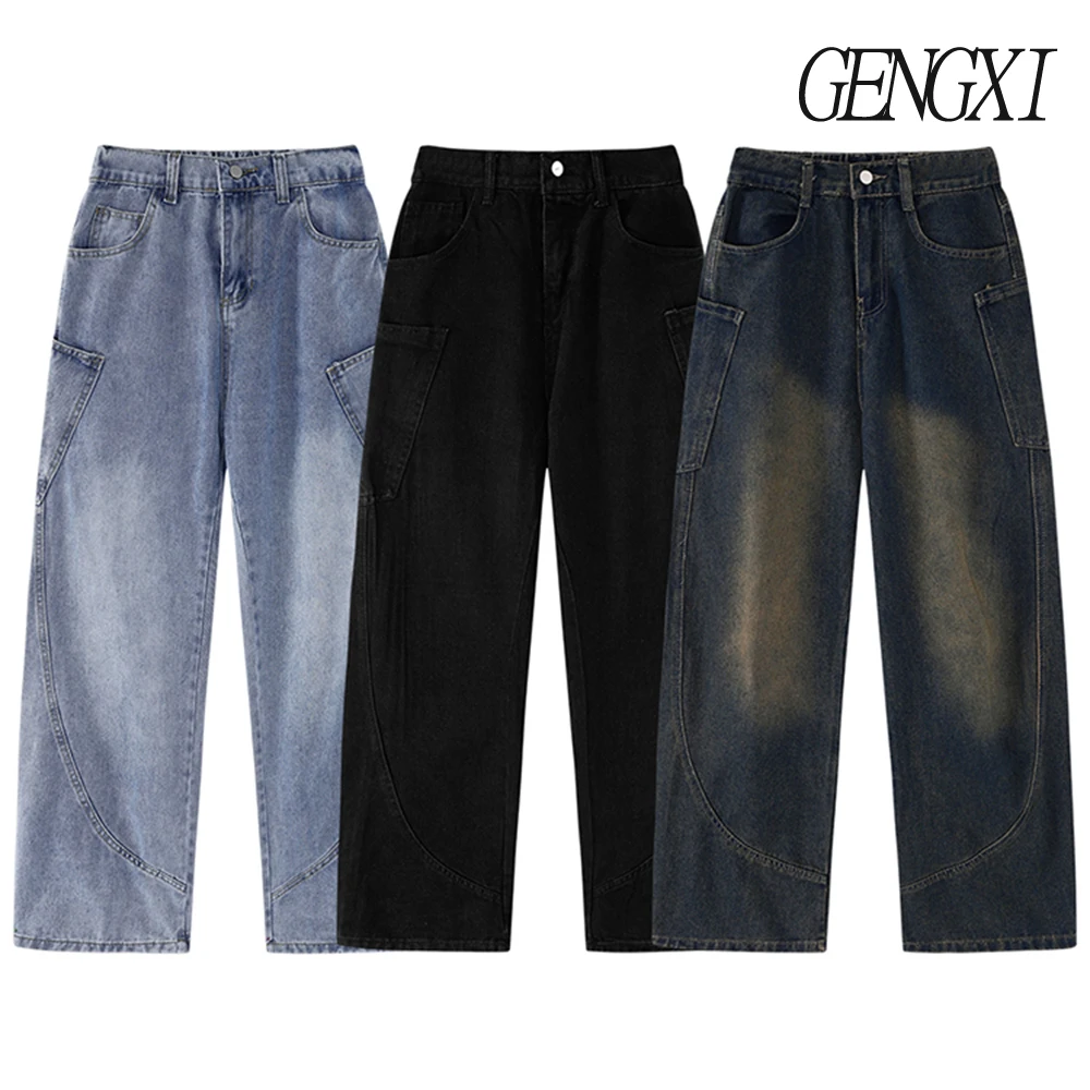 

Новые осенние мужские джинсы с изогнутыми лезвиями, прямые джинсы в стиле ретро с несколькими карманами, 2025 г., корейская модная мужская одежда