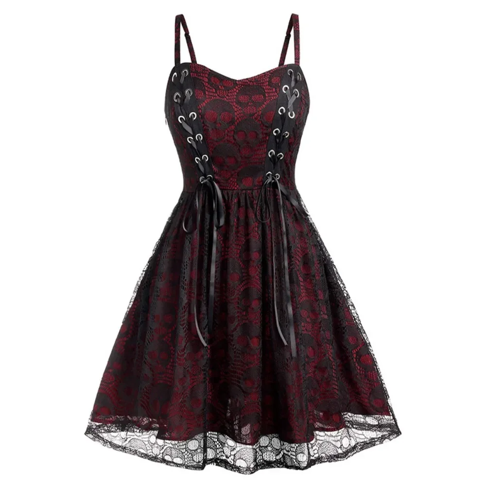 

Punk Lace Spliced Skulls Dresses Fashion Sleeveless Sling Mini Dress For Women Gothic Sexy Dress Streetwear New Vestido De Festa