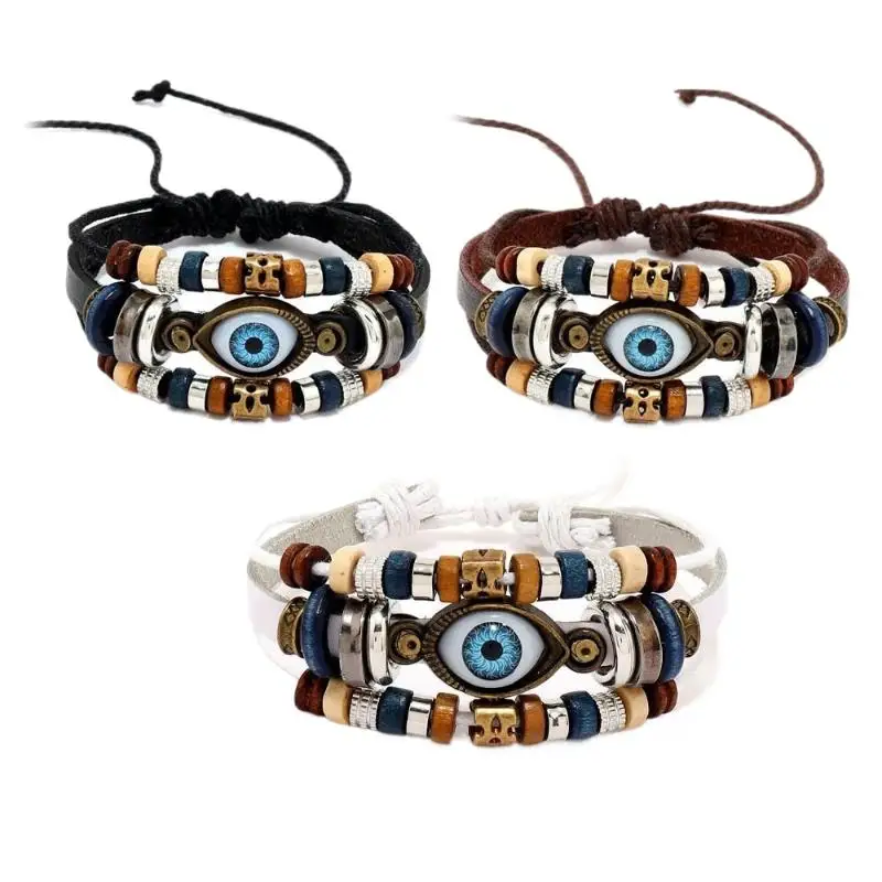 Boho Mehrschichtige Lederarmbänder, Charm-Perlen-Armband für Damen und Herren, Vintage Punk Wrap-Set – Detail 7
