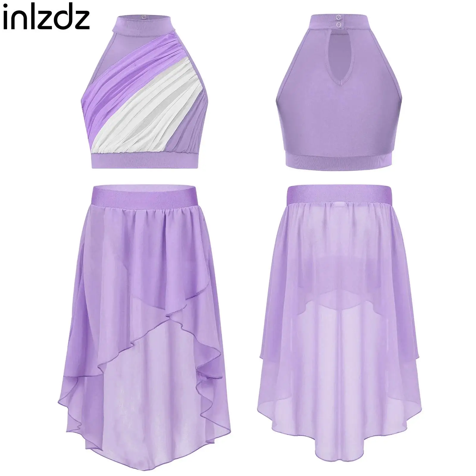 

Kid Girl Sleeveless Color Block Crop Top with High-Low Skirt for Ballet Lyrical Jazz Dance Figure Skating Gymnastics Performance