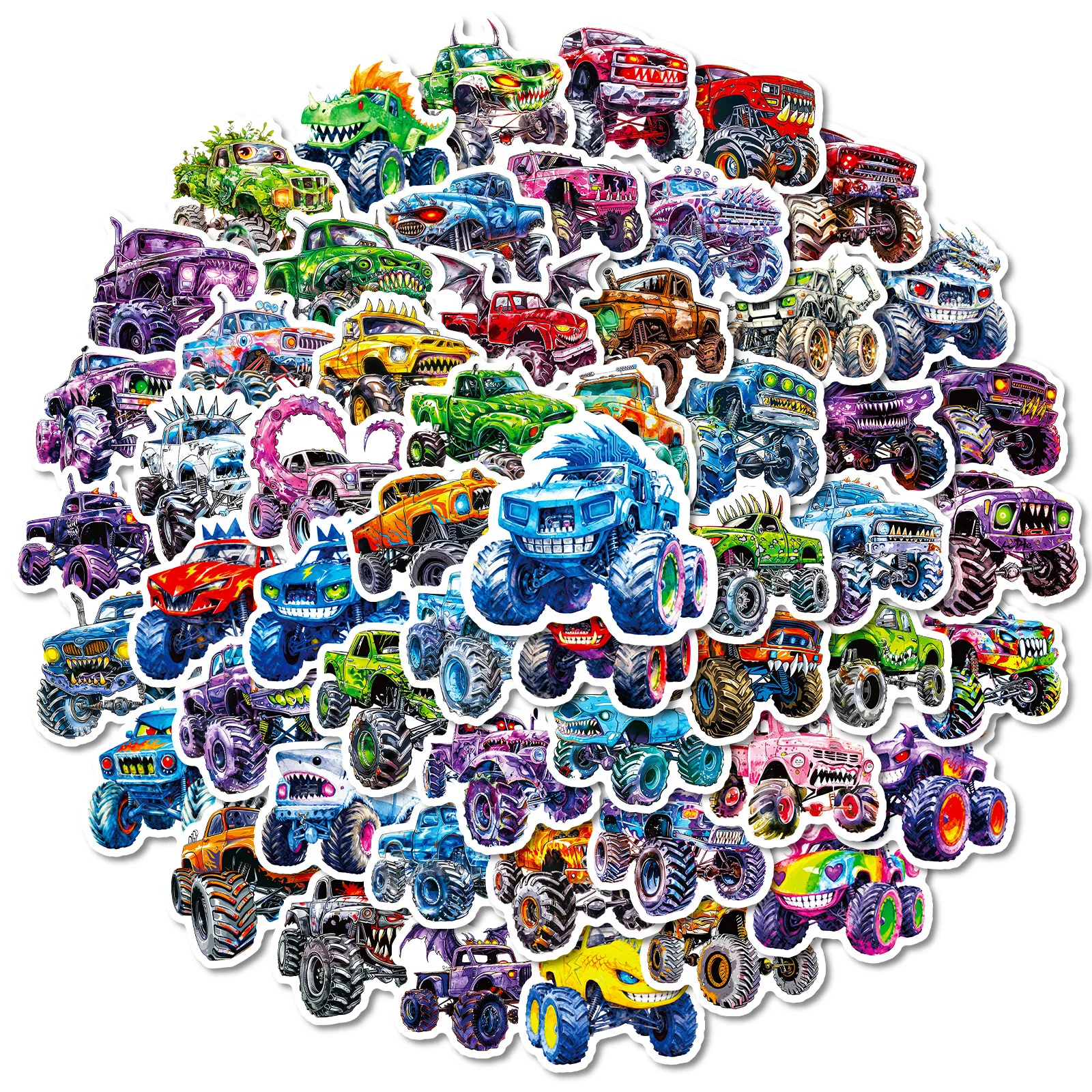 56PCS Cool Cartoon Monster Truck Stickers Colorful Graffiti High Adhesion Waterproof Fade-Resistant Decor for DIY