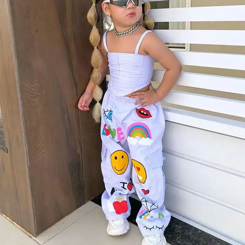 2024 Summer New Girls Fashion Solid Halter irregolare Top + Cartoon Print Pants 2 pezzi Set abbigliamento Casual per bambini età 1-8Y