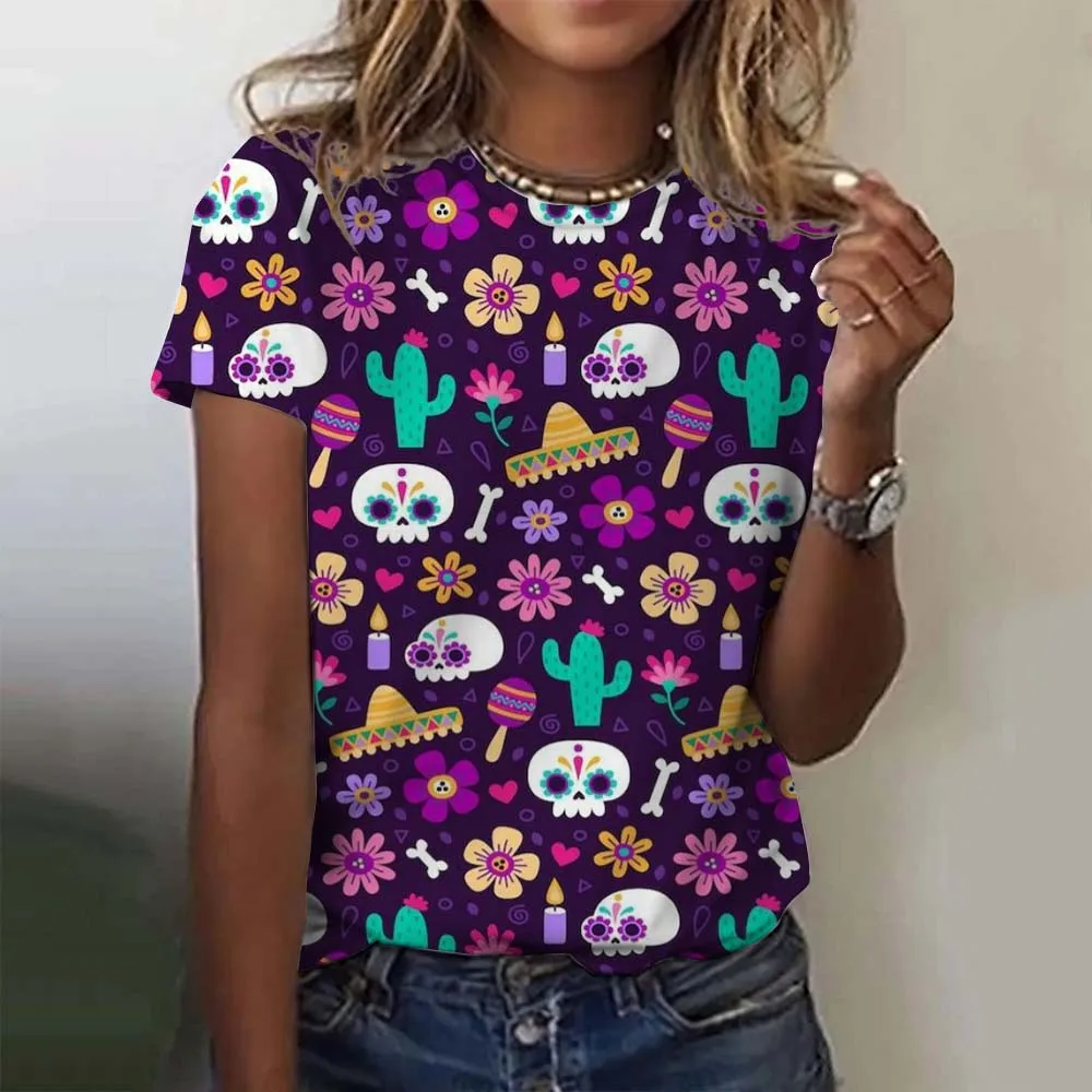 Halloween Funny Sugar Skull Mexican T-shirt Anime Cartoon Anime Mexico Summer Day of the Dead T-shirt For Men Women\'s Tops tees