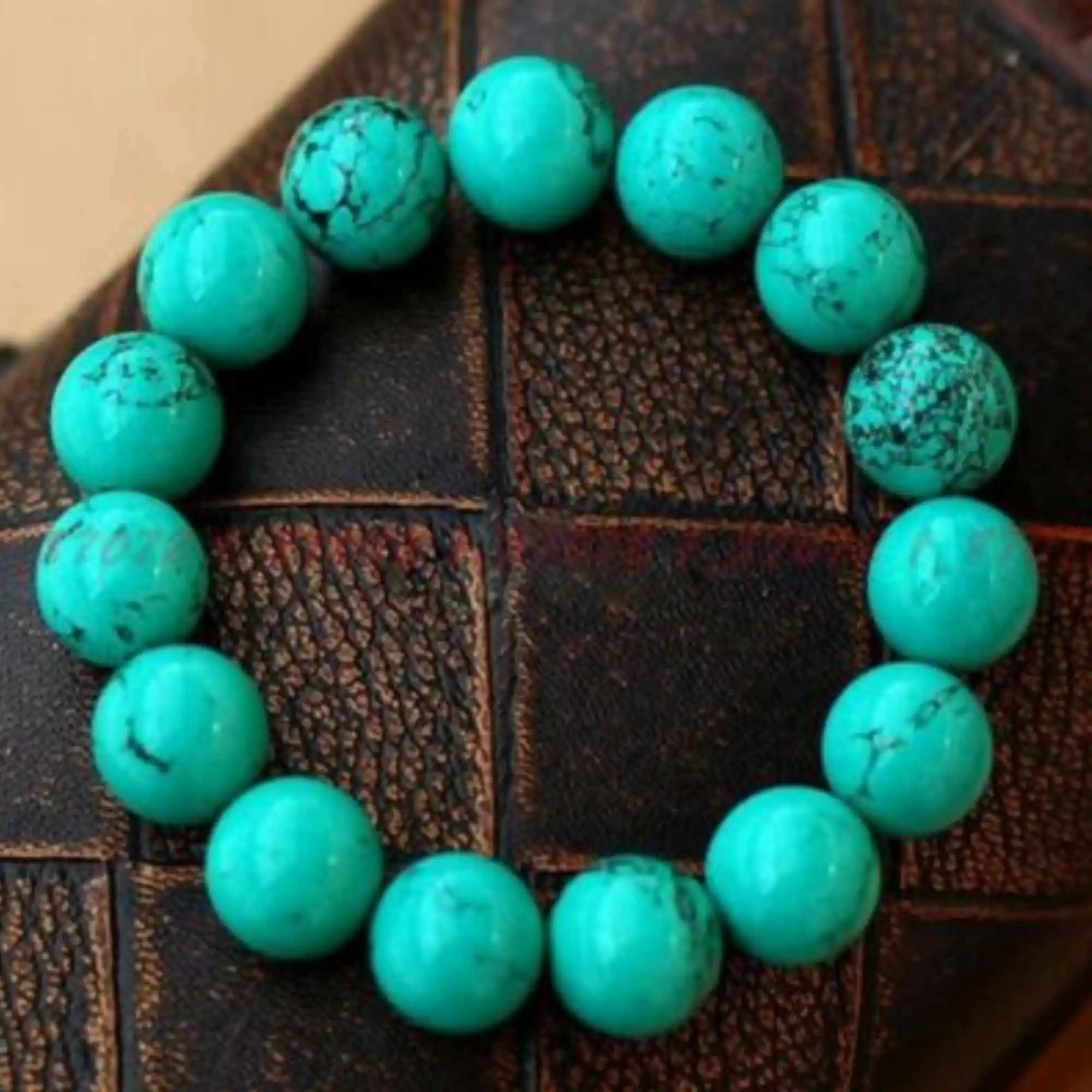 Fashionable 12mm natural turquoise bead stretch bracelet Unisex Charm Teens Cuff Link Stackable Karma Adjustable Prayer