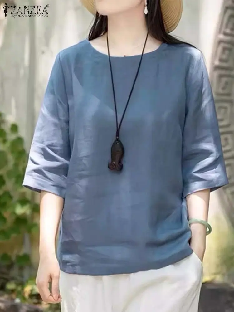 2024 Summer Holiday O-neck Shirt ZANZEA Women Solid Color Blouse Fashion 3/4 Sleeve Tops Casual Loose Basic Korean Blusas Tunics