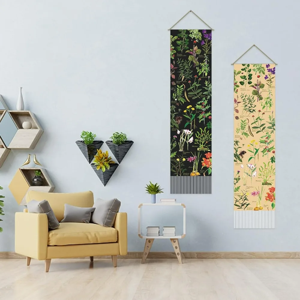 2 Pcs Herbal Plant Tapestry Wildflower Plant Floral Long Vertical Tapestry Wall Hanging Decor Botanical Aesthetics Tapestry