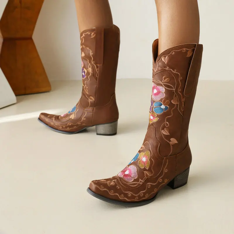 IPPEUM Western Cowboy Boots For Women Knee High Embroider Chunky Heel Cowgirl Shoes Mid Calf Botas Cowboy Mujer