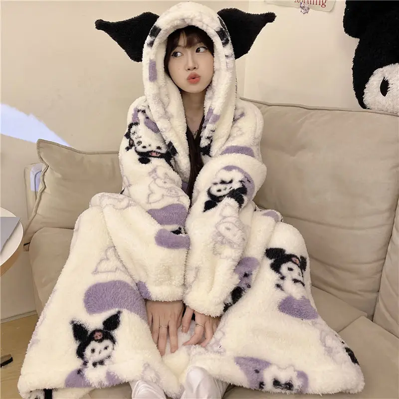 Sanrios Kuromi Pajama Skirt Anime Cartoon Woman Autumn Winter Plush Keep Warm Girl Long Style Oversized Robe Home Wear Nightgown