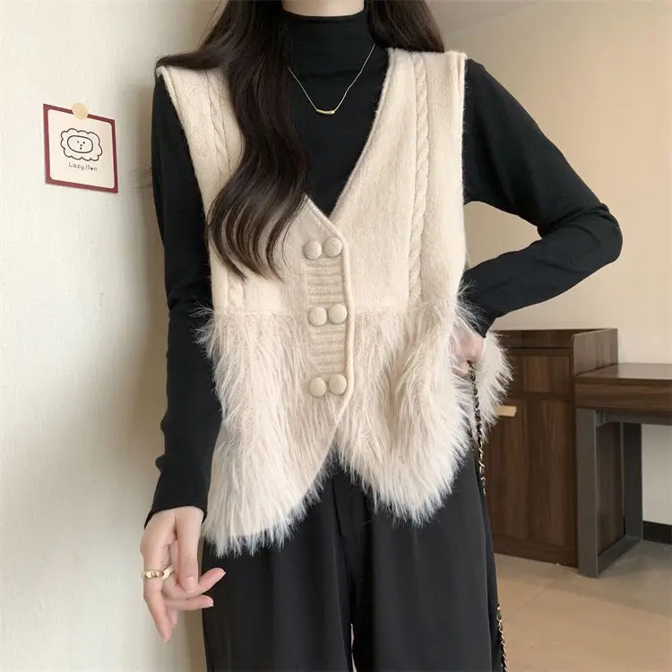Gilet tricoté à Double boutonnage pour femme, élégant, col en v, Patchwork en fourrure, vêtements d'extérieur, 2025