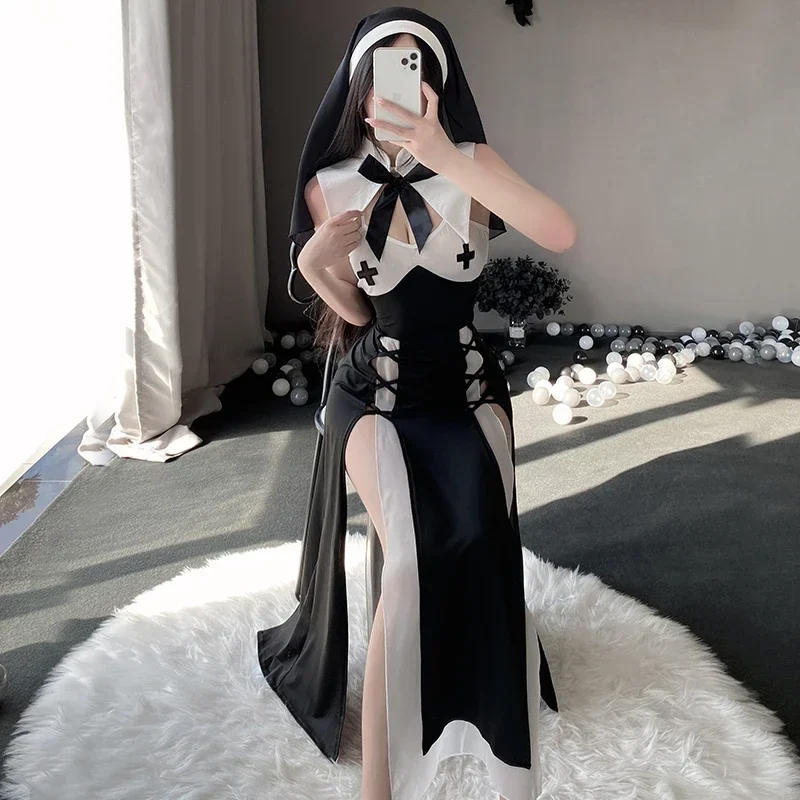 

Nun Cosplay Women Sexy Lingerie Kawaii Black Halter Maxi Dress with Headband Panties Uniform Set Halloween Costume Anime Costume