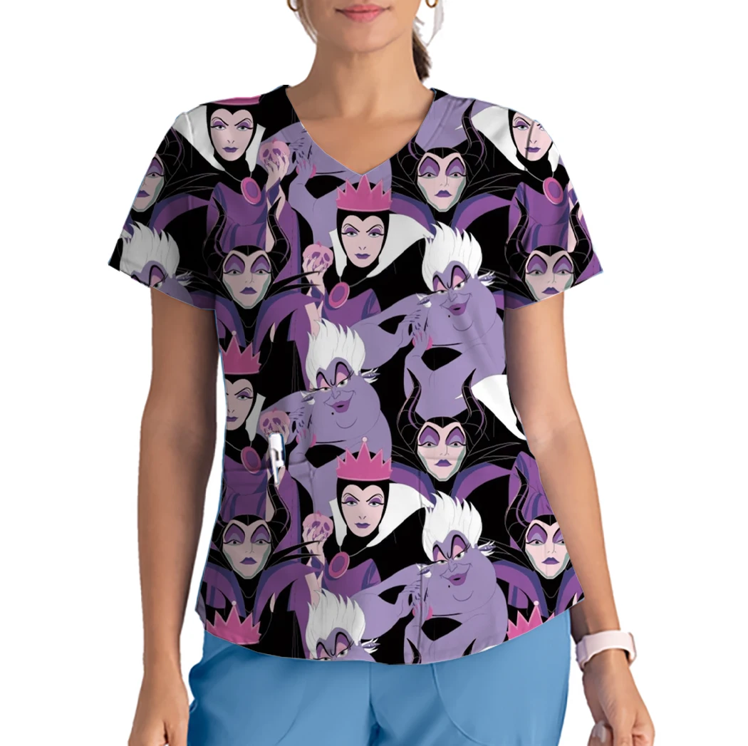 Disney Maleficent Slim Nurse Uniform Printed Matte Top V-Neck Female Veterinary Nurse Uniform Pet Grooming Veterinary Overalls