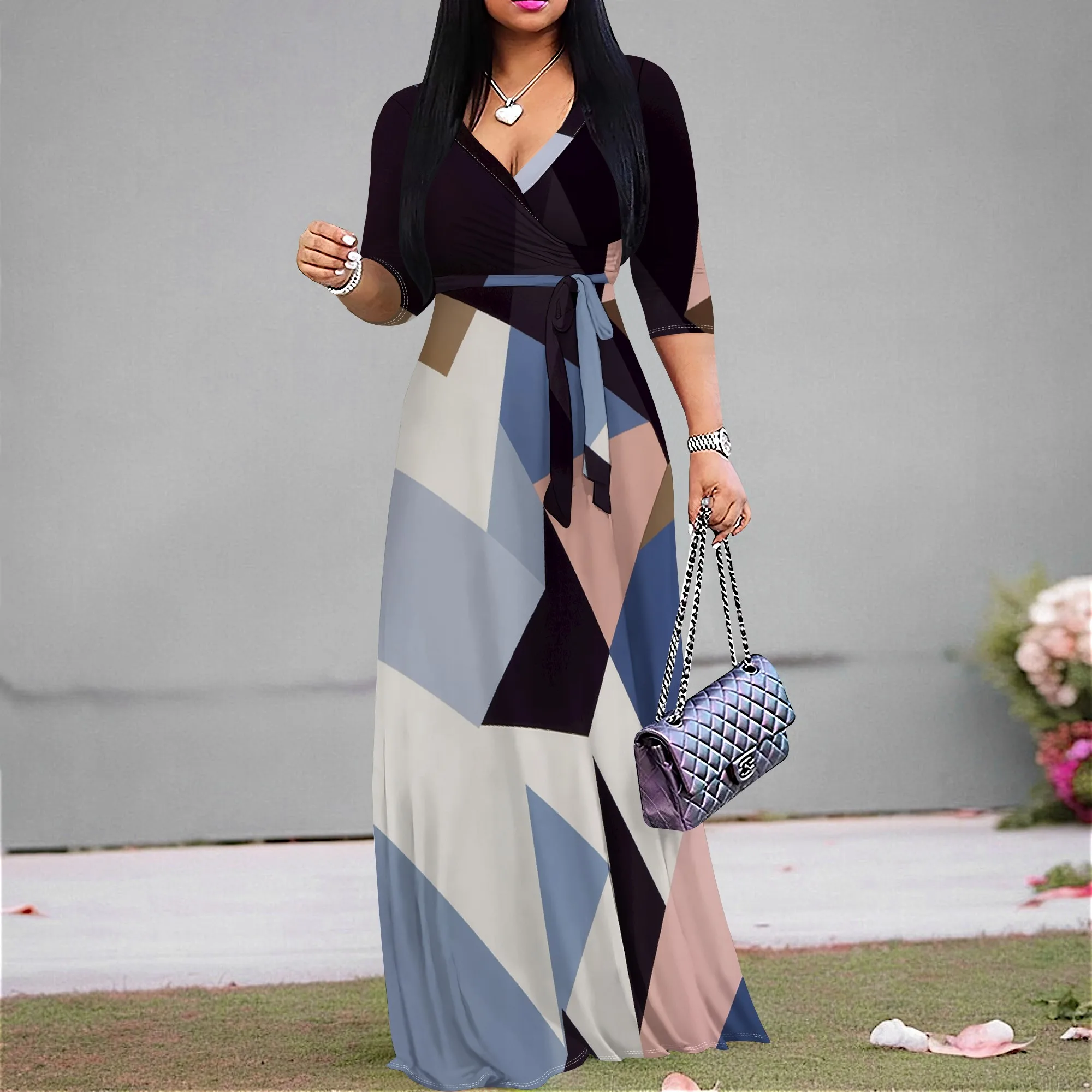 

Geometric Print Wrap Maxi Dress S-3XL V-Neck Belted Style for Wedding Guest, Business Dinner or Summer Vacation Look