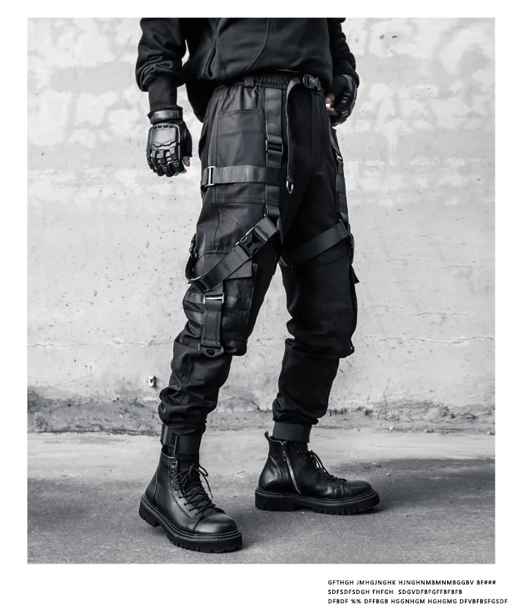 Hip Hop Punk Cargo Pants Man Multi Ribbons Decorative Techwear Pants High Street Tactical Casual Trousers