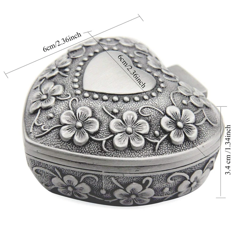 4X Classic Vintage Antique Heart Shape Jewelry Box Ring Small Trinket Storage Organizer Chest Christmas Gift,Silver