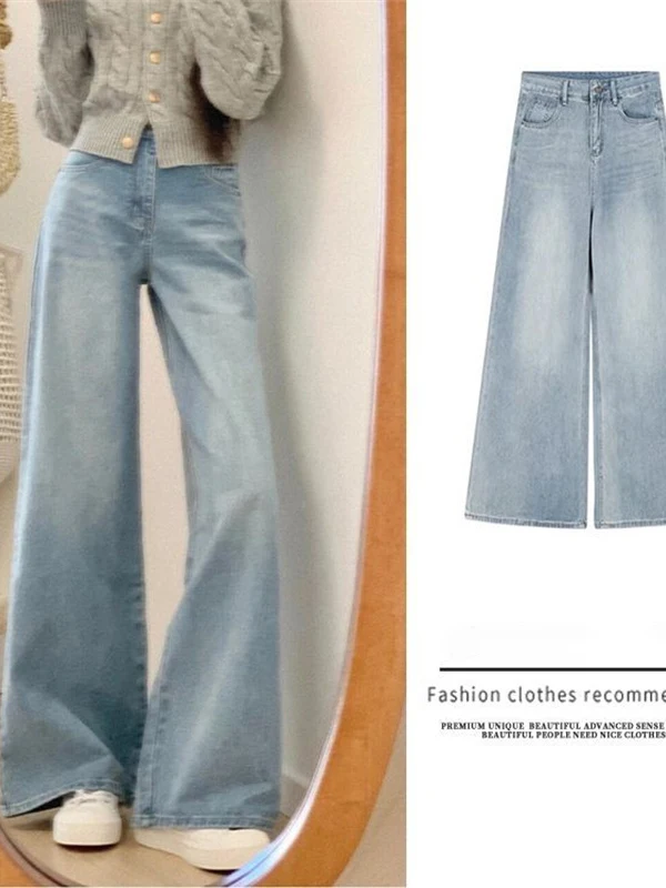 

Светло-голубые джинсы-колокольчики в стиле ретро, женские зимние новые широкие брюки с высокой талией, прямые джинсовые узкие брюки с высокой посадкой