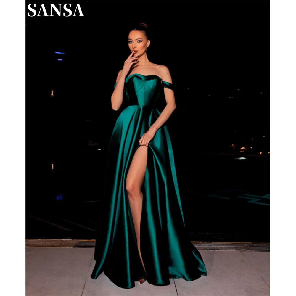 Sansa-Elegante Vestido de Cetim, Fora do Ombro, Vestidos de Noiva Sem Mangas, Side Split, Draped Pavimento Comprimento