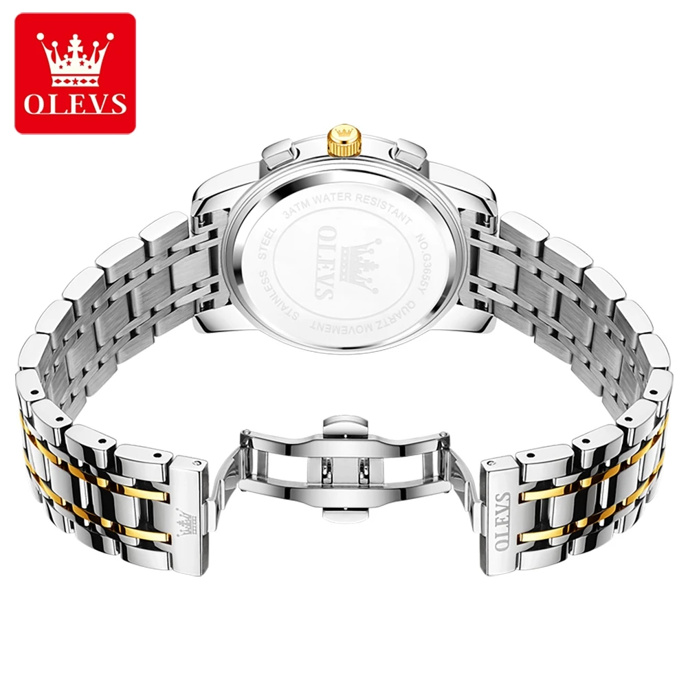 OLEVS 3655 Moon Phase Classic Three Eye Dial Men\'s Watch Stainless Steel Watch for Male Butterfly Buckle Waterproof Quartz watch