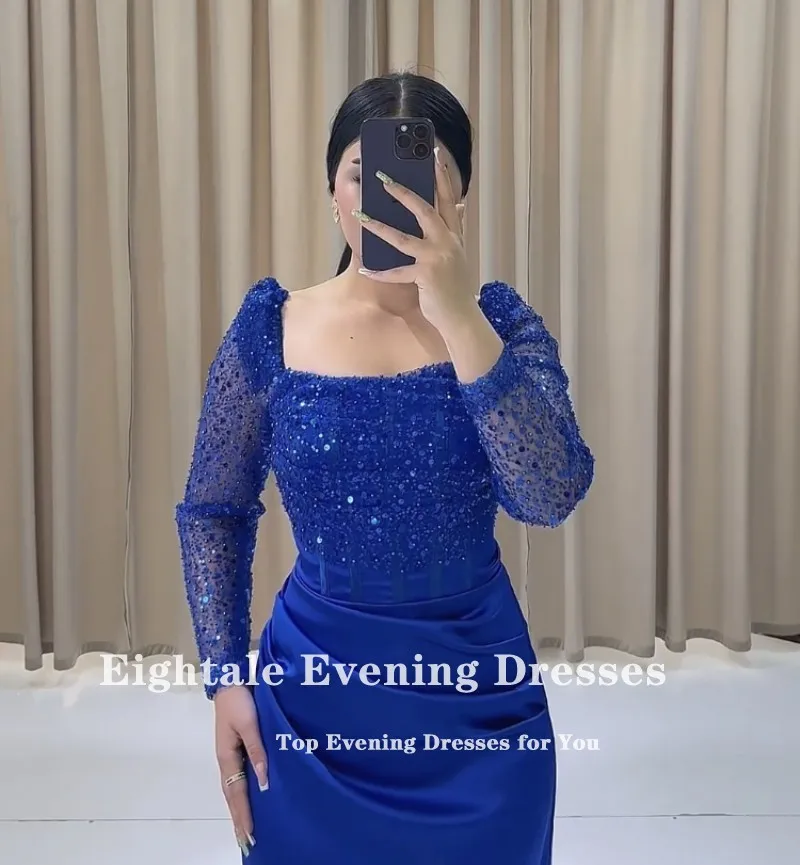 Eightale Tea Length Evening Dresses Sequined Long Sleeves Satin Royal Blue Custom Made Color Mermaid Prom Wedding Party Gown