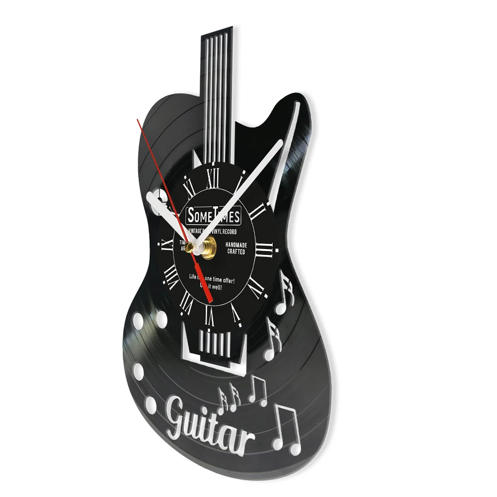 قطع الليزر ألبوم الموسيقى المخصصة الغيتار ساعة حائط مع نص مخصص شخصية عازف الجيتار اسم مسجل فينيل على مدار الساعة أفكار هدية الموسيقى