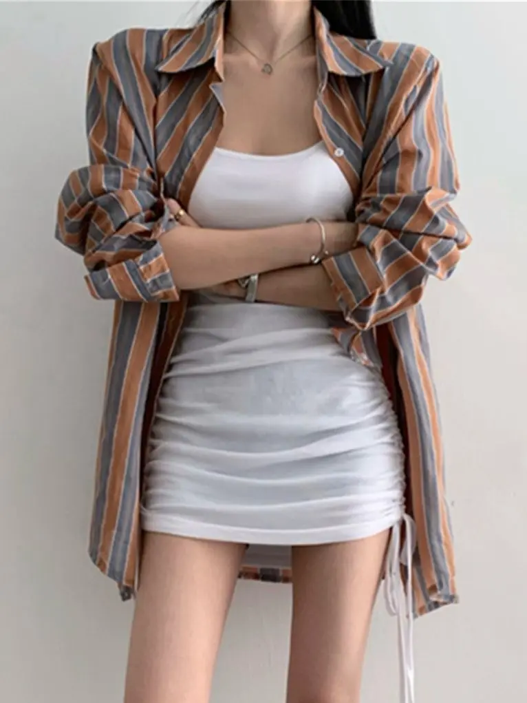 

Alien Kitty Fashion Loose Stripes Shirts Women Office Wear High Street Autumn 2023 Full Sleeve New Chic Mujer Casual All Match