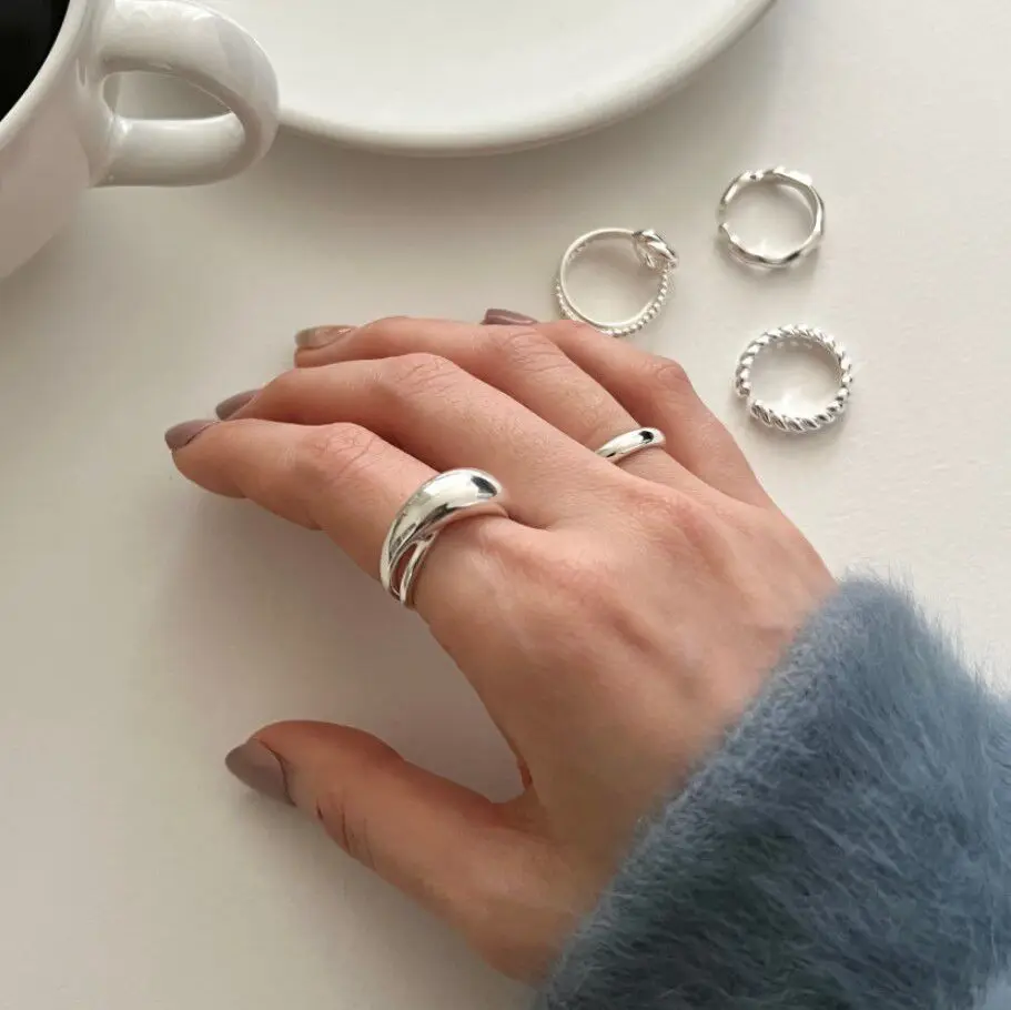 PANJBJ 925 Sterling Silver Wide Overlapping Ring for Women Girl Irregular Simple Fashion Adjustable Jewelry Gift Dropshipping