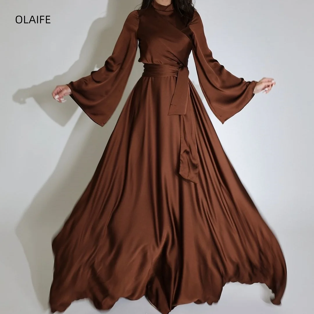 

Chocolate Color Prom Dress Long Sleeve Satin Evening Dress Wedding Party Dress Elegant Prom Gowns Pleats Women Formal Dress