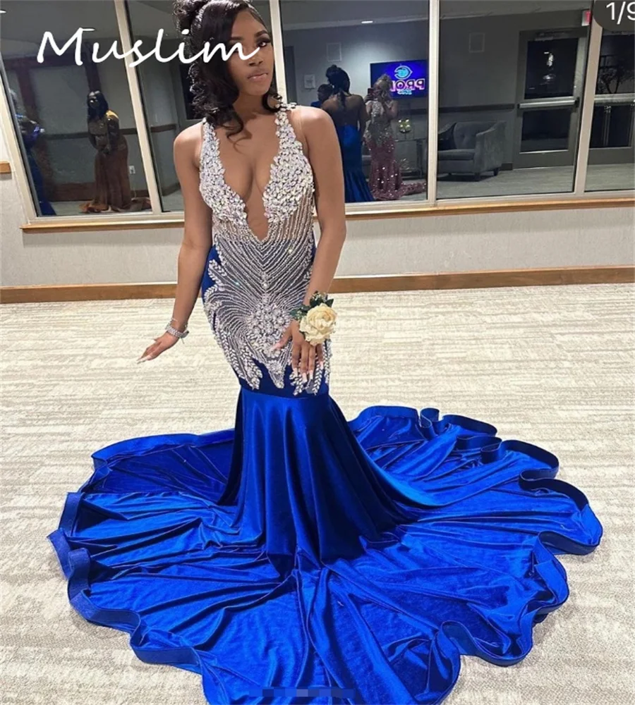 Vestido de fiesta con diamantes azul real para niñas negras, elegante vestido de noche de terciopelo con cuello en V Aso Ebi, vestido Formal de fiesta de cumpleaños personalizado