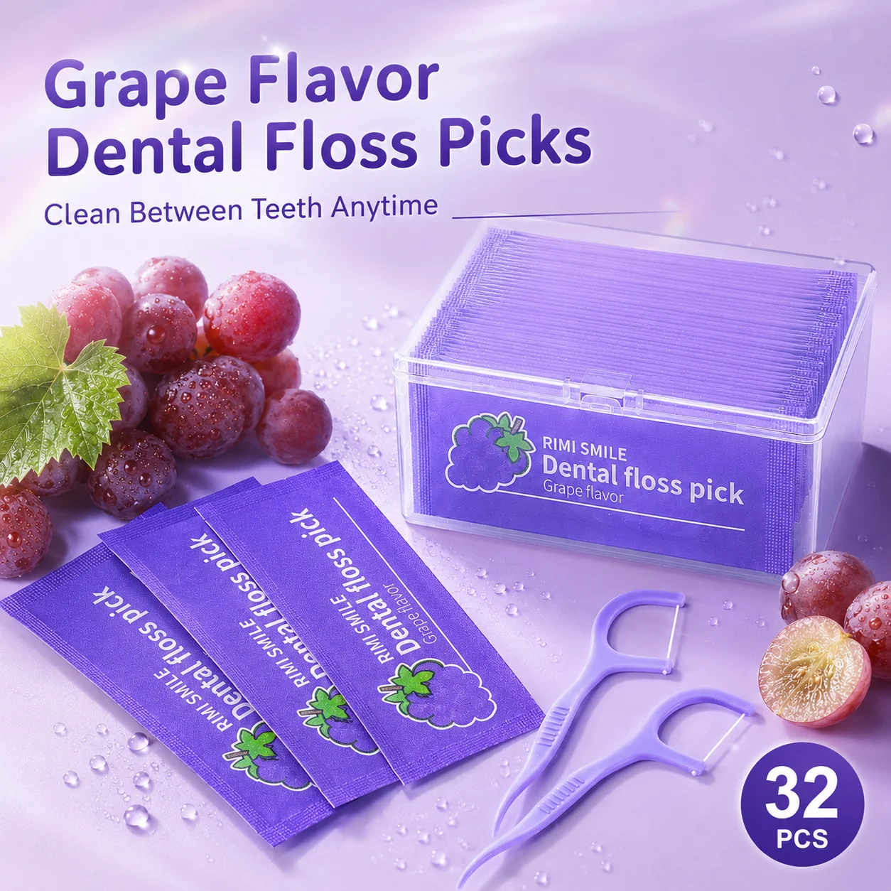 32 Counts Grape Flavored Dental Floss Picks Individually Wrapped Portable Box for Travel And Daily Oral Care