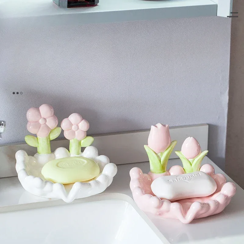 Ceramic Drain Soap Box, Cute Flower Drain, Home Creative Light, Luxury Drain Sink, Bathroom Shelf