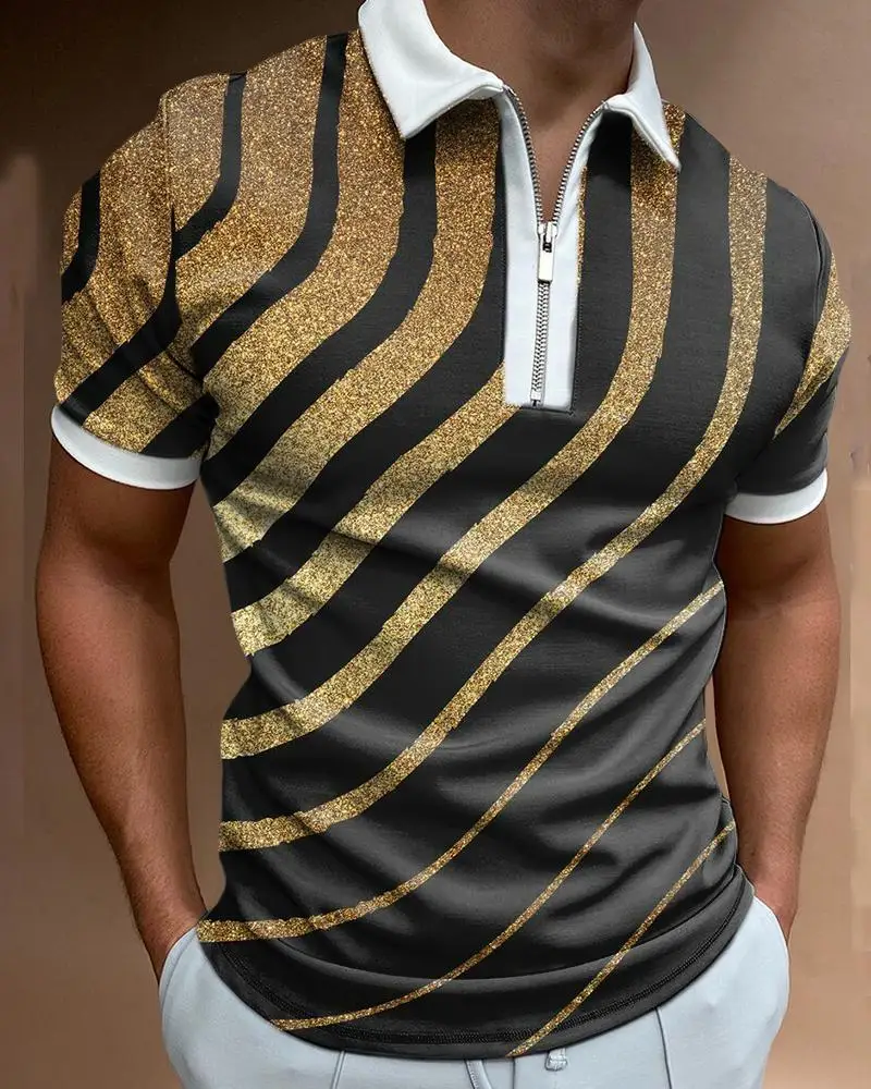 

Short sleeved retro color zipper 3D printing minimalist men's short sleeved POLO shirt minimalist casual short sleeved top