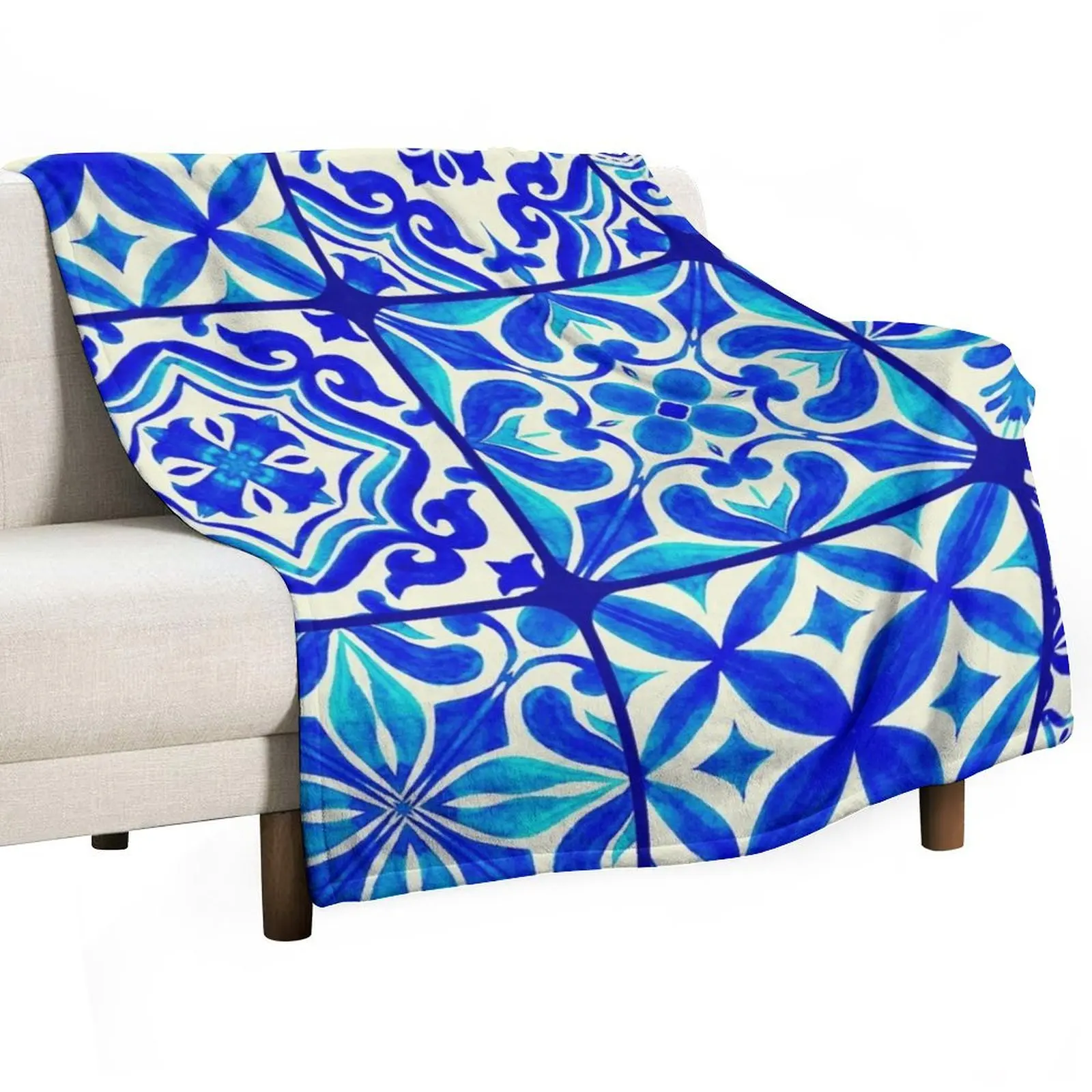 

BLUE AND WHITE TILE Throw Blanket For Decorative Sofa Moving Blankets