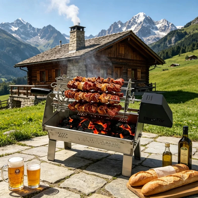 Lightweight electric rotary grill with rust-resistant 304 stainless steel set for patio dining