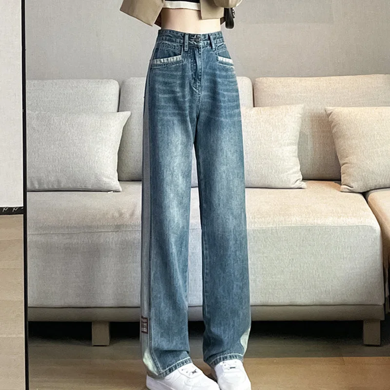 

2023 Fashion Vintage Splice Y2k Baggy Jeans Women Aemican Style Streetwear Trousers High Waist Wide Leg Women's Denim Pants