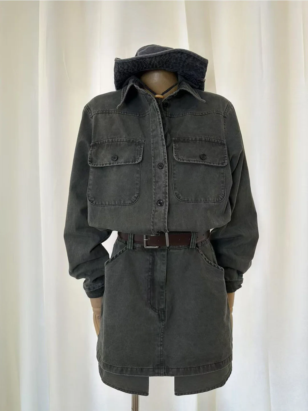 

Retro Hong Kong Sle Women's Denim Dr Spring Autumn High Waist irt Collar Fitted A-Line Skirt Single Piece Long Sve