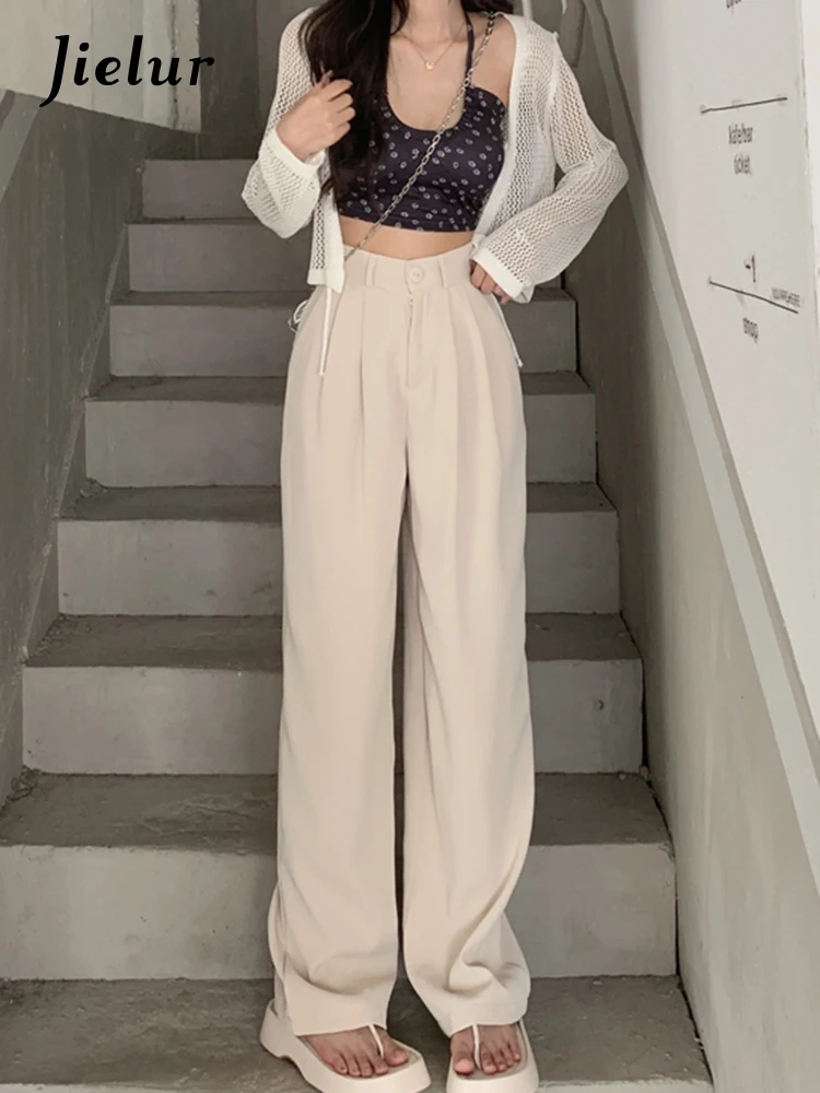 

Jielur High Waist Drape Casual Women Pants Straight Loose Slim Wide Leg Pants Female Korean Fashion Apricot Black Trousers S-L