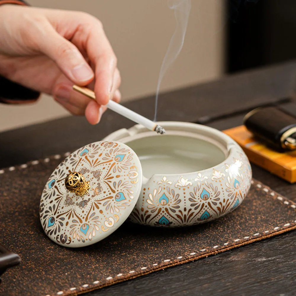 Ruyao Ceramic Ashtray Advanced Sense Home Living Room with Cover To Prevent Fly Ash Creative Personality Trend Home Decoration
