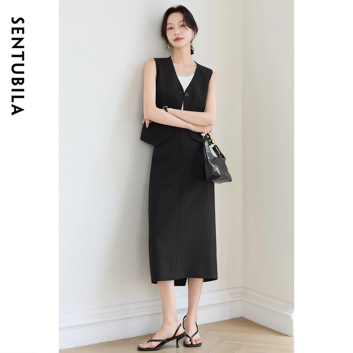 

SENTUBILA Woman Black Linen Suit Skirt 2025 Summer Elegant Cropped Blazer Vest Straight Straight Skirt Commute Outfit 152ZA1923