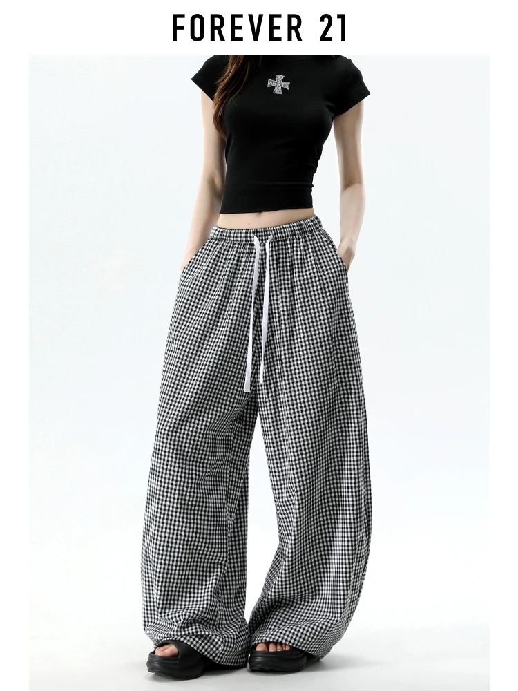 Calças Femininas de Perna Larga Xadrez Estilo Americano Forever 21, Novas de Verão, Soltas, com Cordão e Efeito Emagrecedor, ...