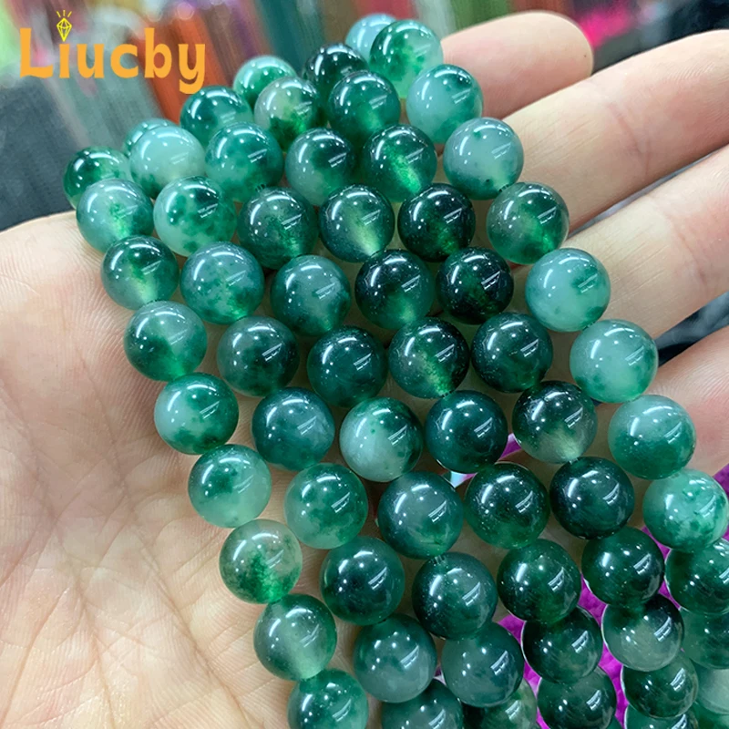 ธรรมชาติจีนลูกปัด Moss หญ้าสีเขียว Chalcedony Jades หินรอบลูกปัดสําหรับเครื่องประดับ DIY สร้อยคอต่างหู 15 "ขายส่ง